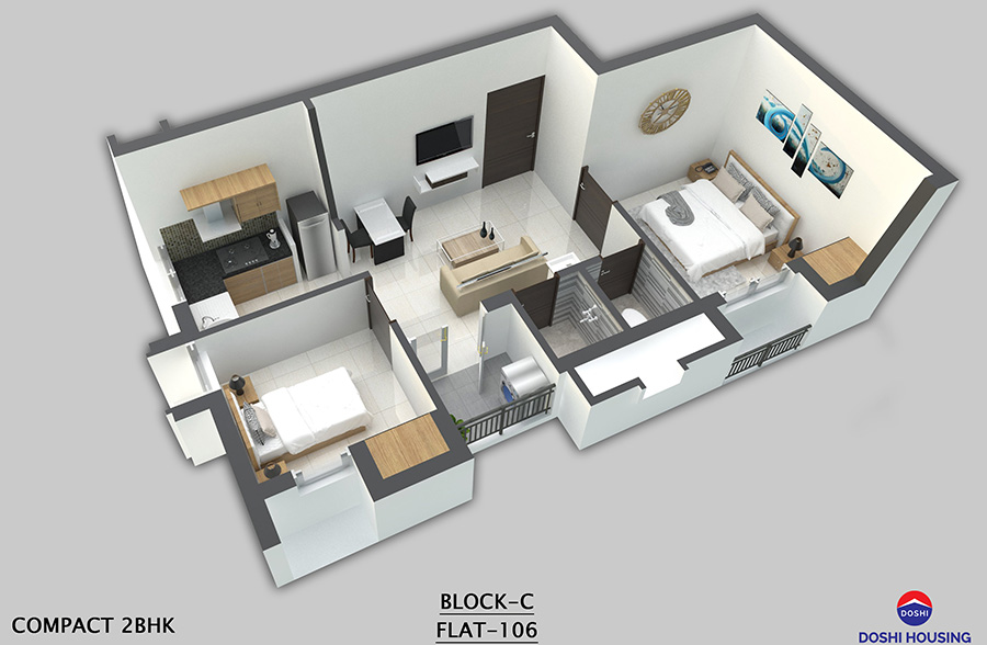 Isometric view Block C - Compact 2BHK