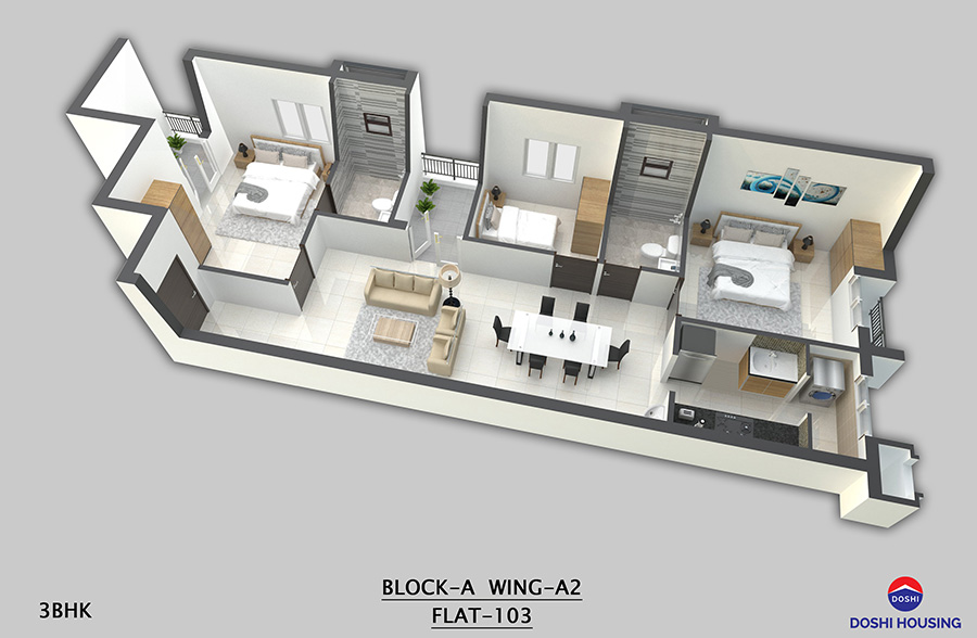 Isometric view Block A - 3BHK